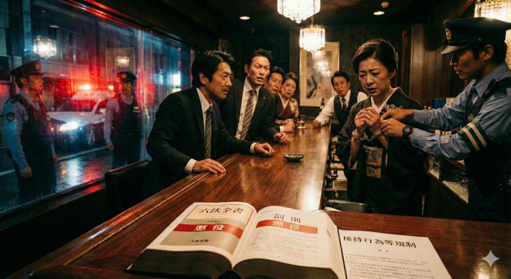 風営法違反の疑いで警察官に逮捕されるスナックのママと、カウンターの手前に置かれた六法全書。無許可営業による摘発の瞬間。