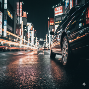 夜の街を背景に停車する黒い高級車。デリヘル開業届出を戦略的にサポートする行政書士・青砥薫を象徴するイメージ画像。