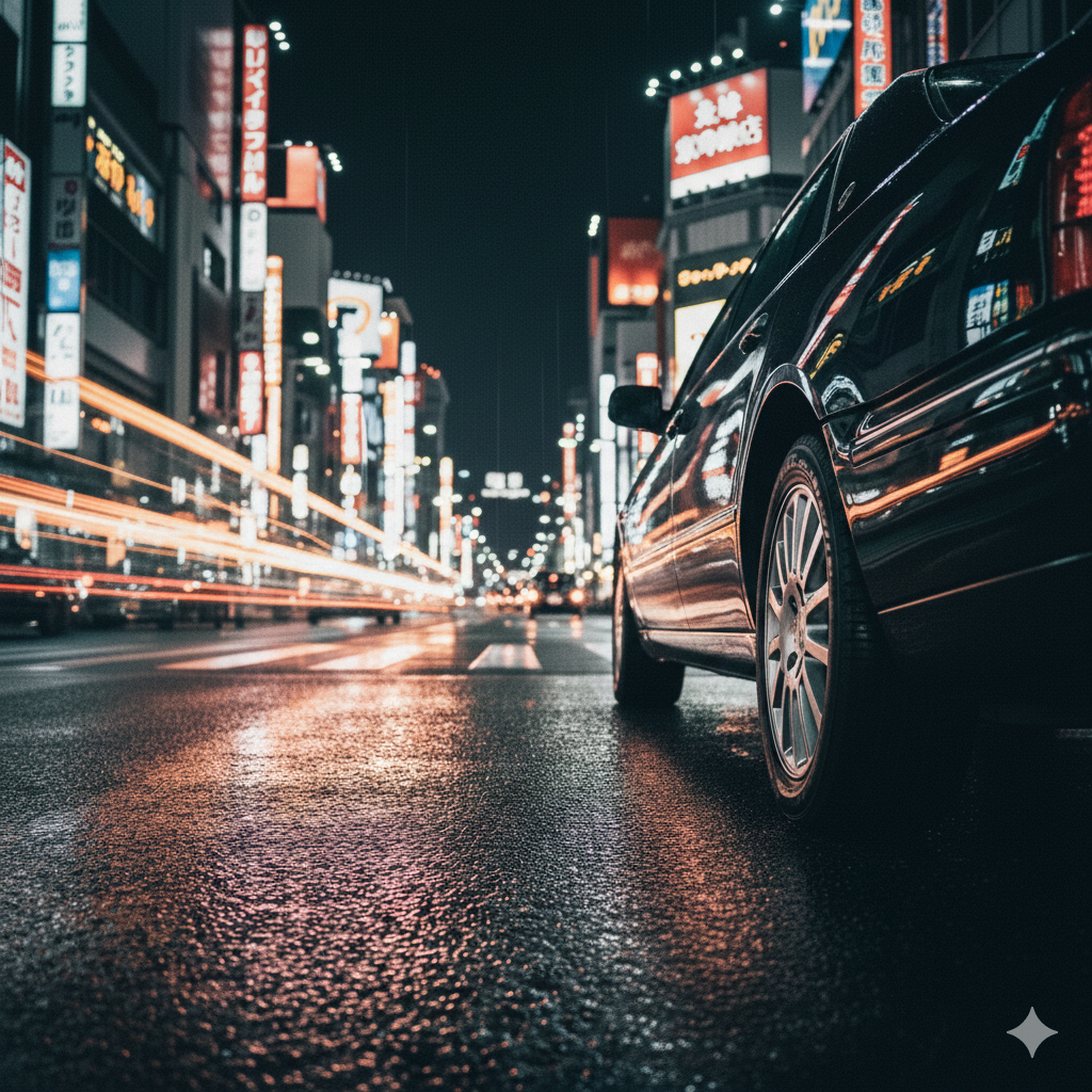 夜の街を背景に停車する黒い高級車。デリヘル開業届出を戦略的にサポートする行政書士・青砥薫を象徴するイメージ画像。