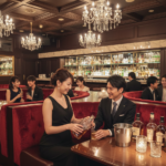 高級キャバクラの店内でキャストが客にお酌をする接客風景。風俗営業1号許可を象徴する華やかで品格のある店内イメージ。