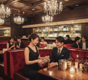 高級キャバクラの店内でキャストが客にお酌をする接客風景。風俗営業1号許可を象徴する華やかで品格のある店内イメージ。