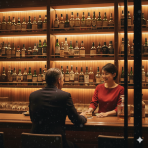 オーセンティックなバーのカウンターで対面して座るママと客。深夜酒類提供飲食店営業のイメージ。