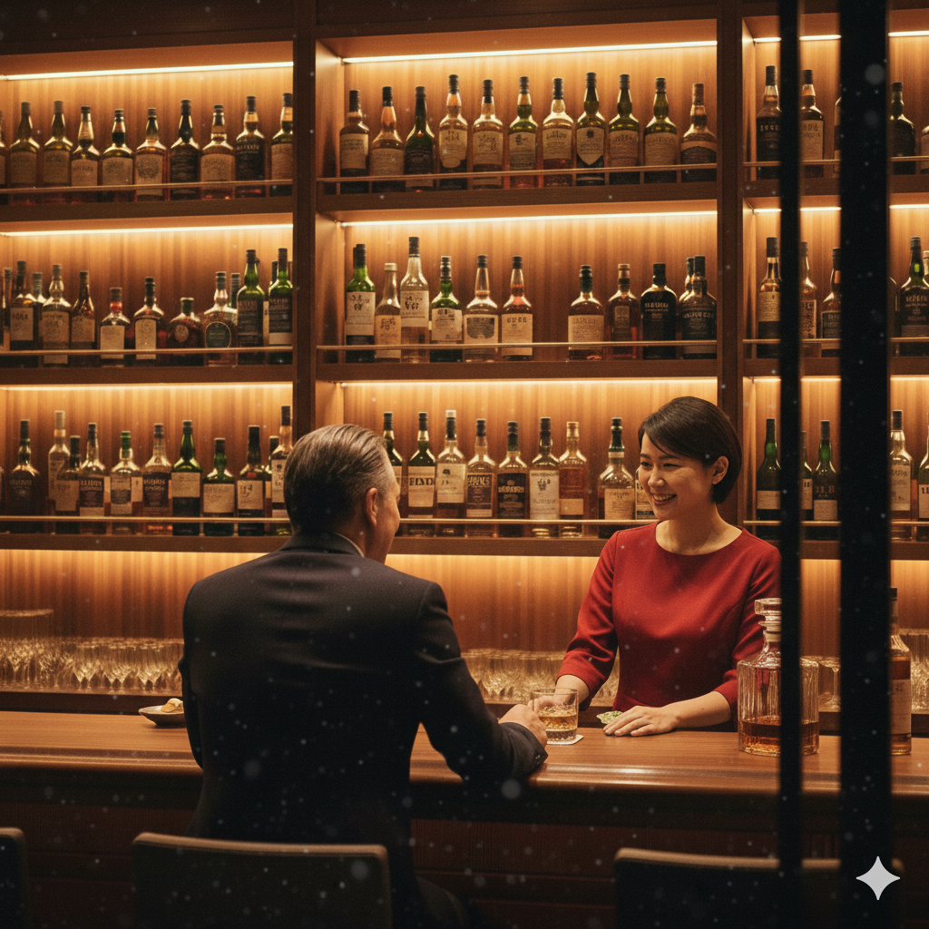 オーセンティックなバーのカウンターで対面して座るママと客。深夜酒類提供飲食店営業のイメージ。