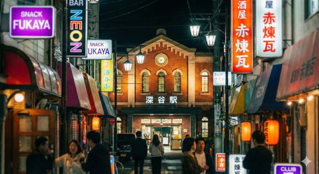 埼玉県深谷駅前の夜景とスナック・バーのネオン街。深夜酒類提供飲食店営業の開業を目指すオーナーに向けた歓楽街のイメージ