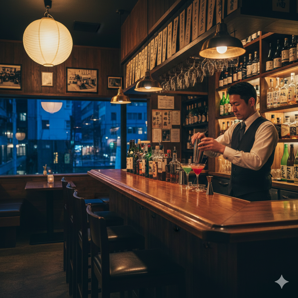 埼玉県北部でのバー・スナック開業を支援する行政書士の解説記事用アイキャッチ画像。オーセンティックなバーカウンターでカクテルを作るバーテンダーの風景。