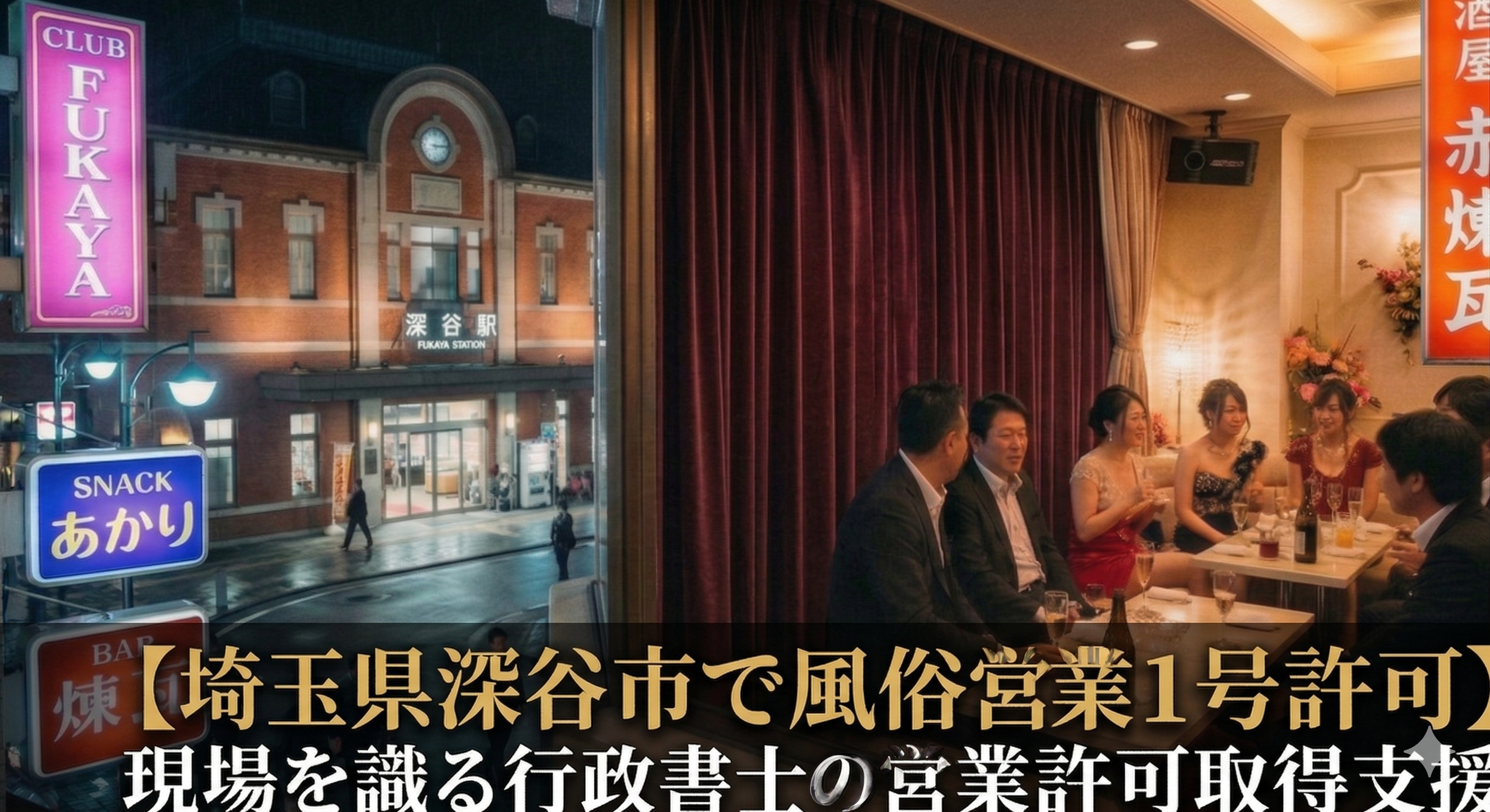 埼玉県深谷駅の夜景を背景に、風俗営業1号許可の法規制に基づきカーテンで遮蔽された店内の様子と「現場を識る行政書士の営業許可取得支援」のタイトル文字。