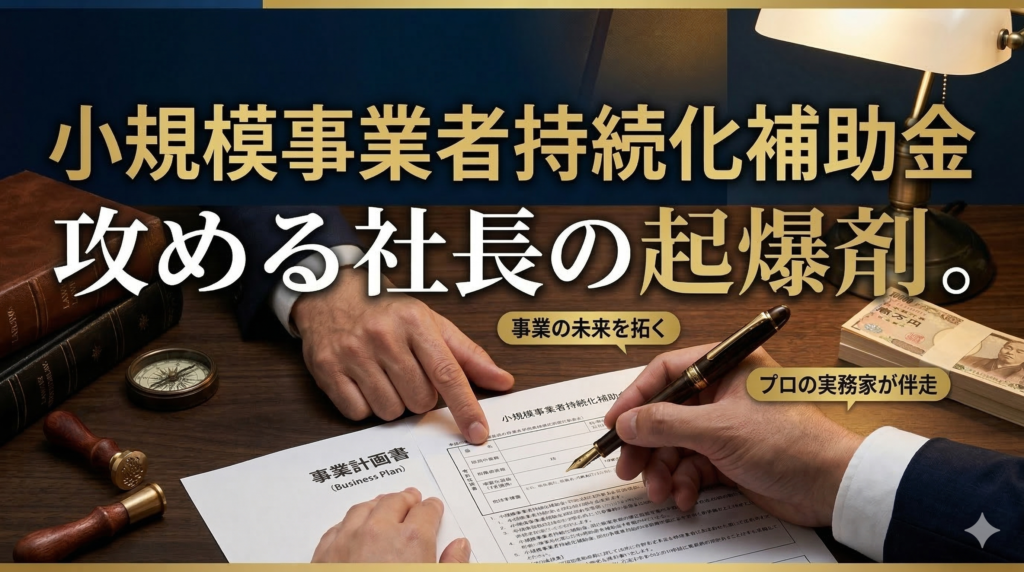 重厚なデスクで小規模事業者持続化補助金の事業計画書を精査する行政書士の手元。風格ある実務をイメージしたサムネイル画像。
