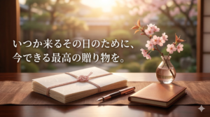 曙光の和室で、高齢者の手の温もりを感じさせる万年筆と和紙が、人生の物語を遺言として紡ぎ始める。