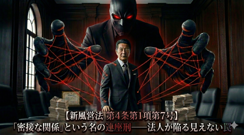 新風営法第4条第1項第7号の解説。黒幕のような巨大な影に赤い糸で操られるスーツの男性と、机に積まれた札束。法人が陥る「密接な関係」の罠を象徴する不気味なイメージ画像。