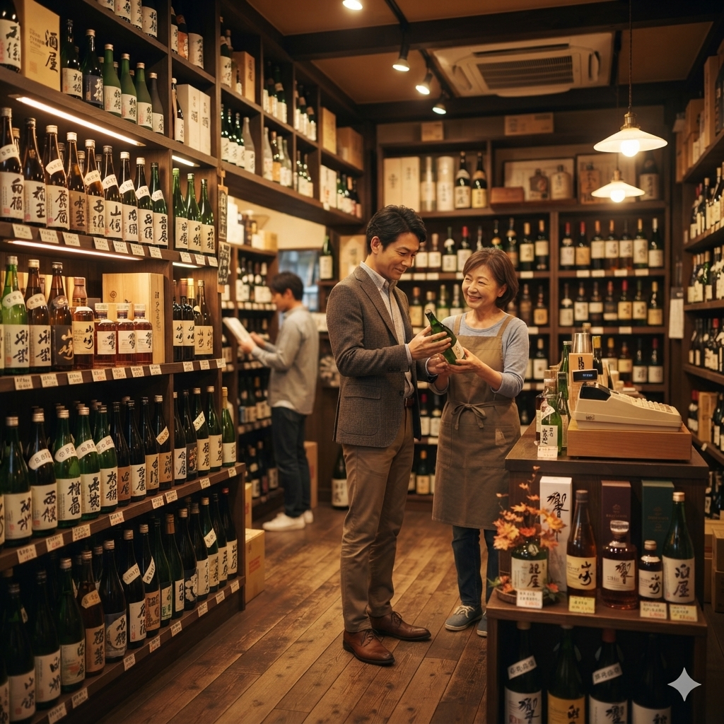 酒屋の店内で日本酒やワインの棚を眺める店主とお客様の風景