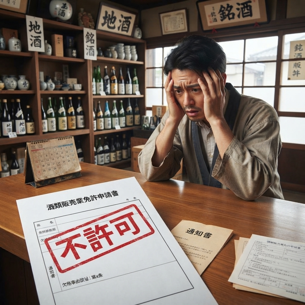 酒類販売業免許の申請が欠格事由により不許可となり頭を抱える酒屋の店主