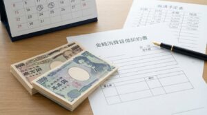 机の上に置かれた「債務承認弁済契約書」と日本円の紙幣、万年筆、返済予定表
