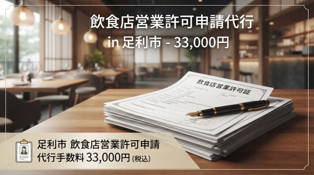 足利市の飲食店営業許可申請代行（33,000円）のイメージ画像。カフェの店内に申請書類と万年筆が置かれている様子。
